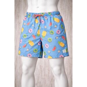 Mosmann Australia Mens Blue Tropical Pool Float Print Swim Trunks Size L Shorts